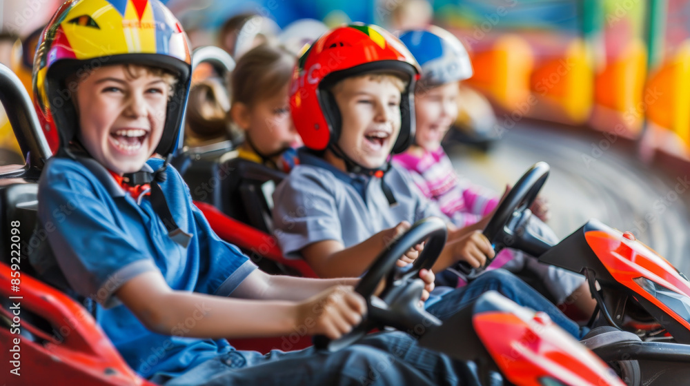 Naklejka premium Children eagerly driving bumper cars with huge smiles and laughter radiating on their faces.