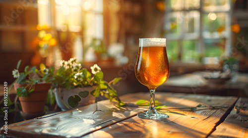 Celebrating International Beer Day with a refreshing glass of beer on table. Concept Beer Day, Celebration, Refreshing Drink, Table Setting, Indoor Decor photo