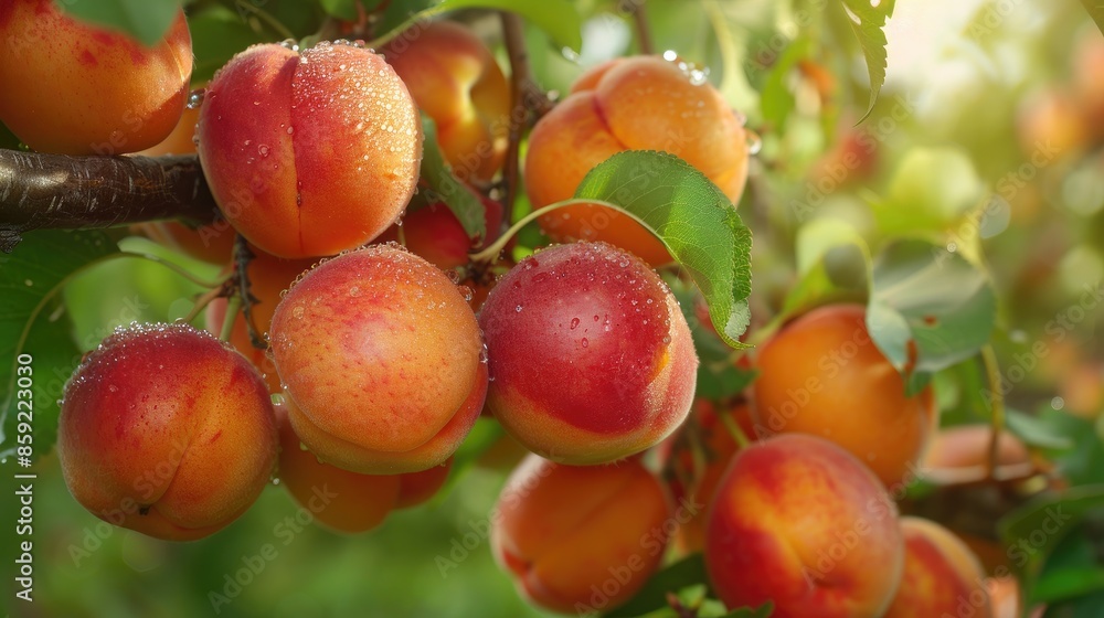 A bunch of ripe peaches hanging from a tree. The peaches are red and orange in color A bunch of ripe peaches hanging from a tree. The peaches are red and orange in color