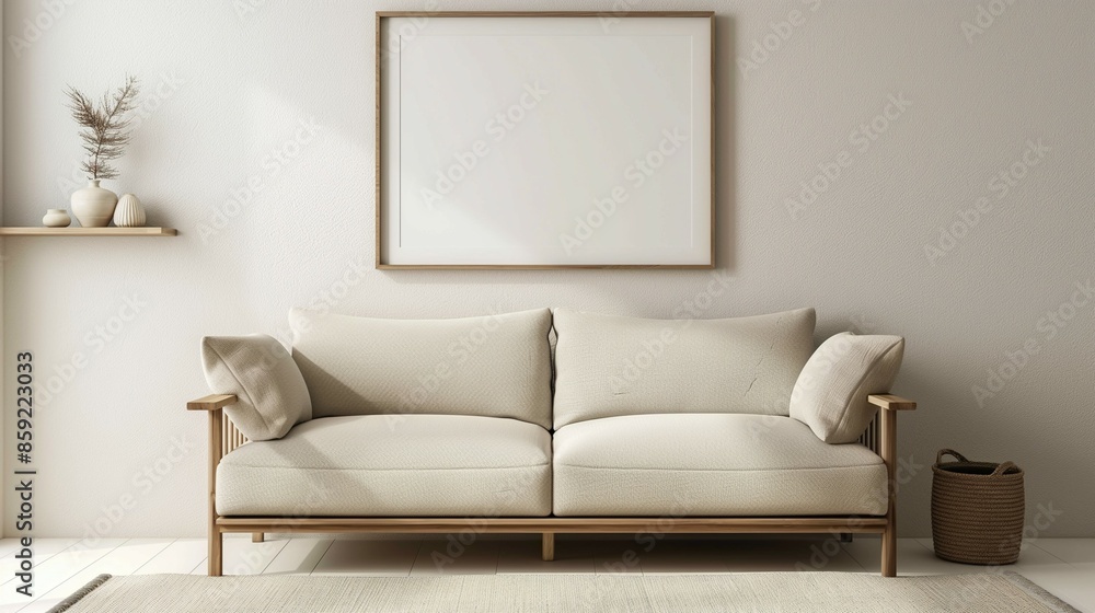 frame mockup, home room interior with sofa, framed wall poster frame mockup, home room interior with sofa, framed wall poster