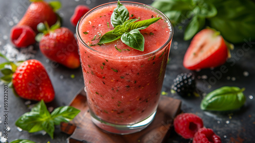 Smoothies with strawberry, watermelon, basil, berries