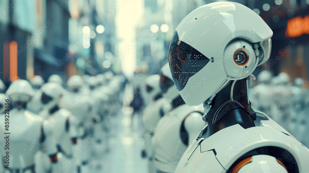 Close up of artificial intelligence robot in the city. Technology concept. Close up of artificial intelligence robot in the city. Technology concept.