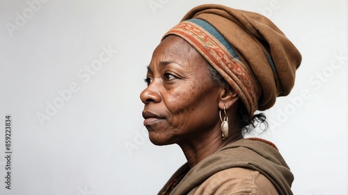 african homeless woman side view portrait on plain white background