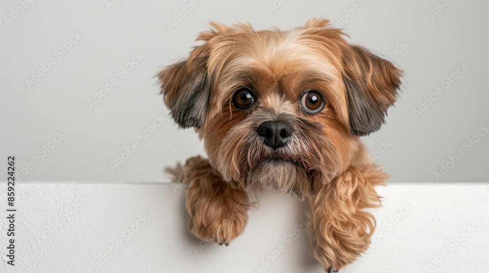 Shih Tzu 3 year old dog peeking behind white board on white backdrop Shih Tzu 3 year old dog peeking behind white board on white backdrop