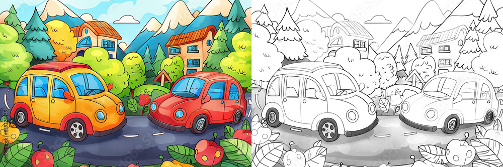 Cartoon car for coloring book page with reference. Red and yellow car