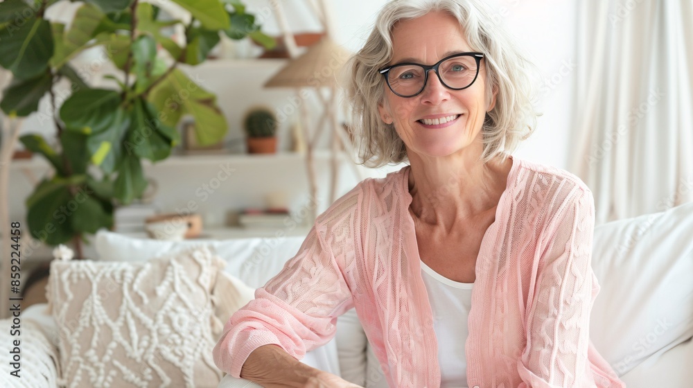 Portrait of happy senior woman with eyeglasses sitting on sofa at home. Portrait of happy senior woman with eyeglasses sitting on sofa at home.