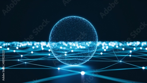 A glowing blue sphere floats above a surface made of interconnected, glowing blue dots and lines.