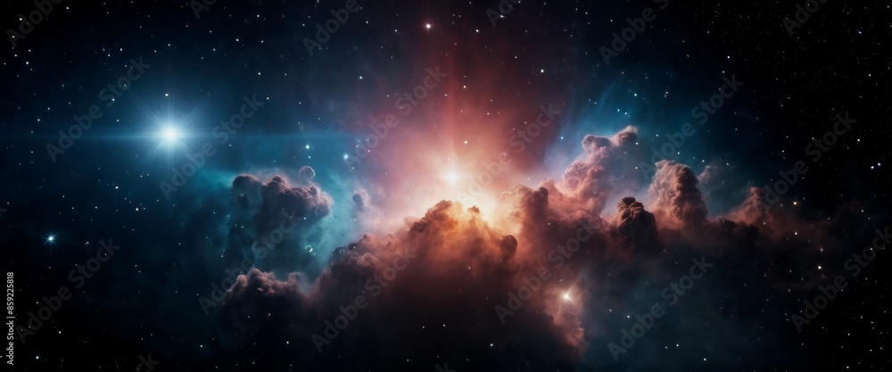 Fototapeta premium Starlight shining through a nebula cloud illuminating its