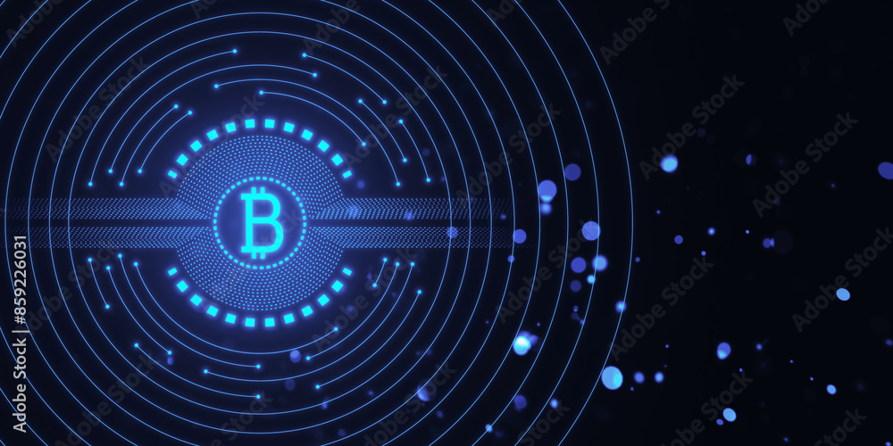 Digital illustration of the Bitcoin emblem with circular patterns on a dark blue background, symbolizing cryptocurrency technology. 3D Rendering Digital illustration of the Bitcoin emblem with circular patterns on a dark blue background, symbolizing cryptocurrency technology. 3D Rendering