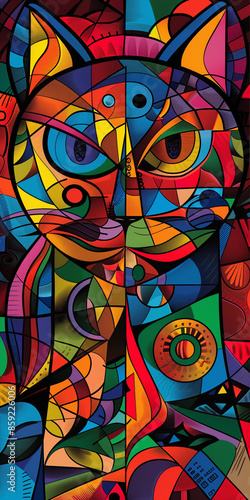 Symmetrical psychedelic cat face colorful digital artwork