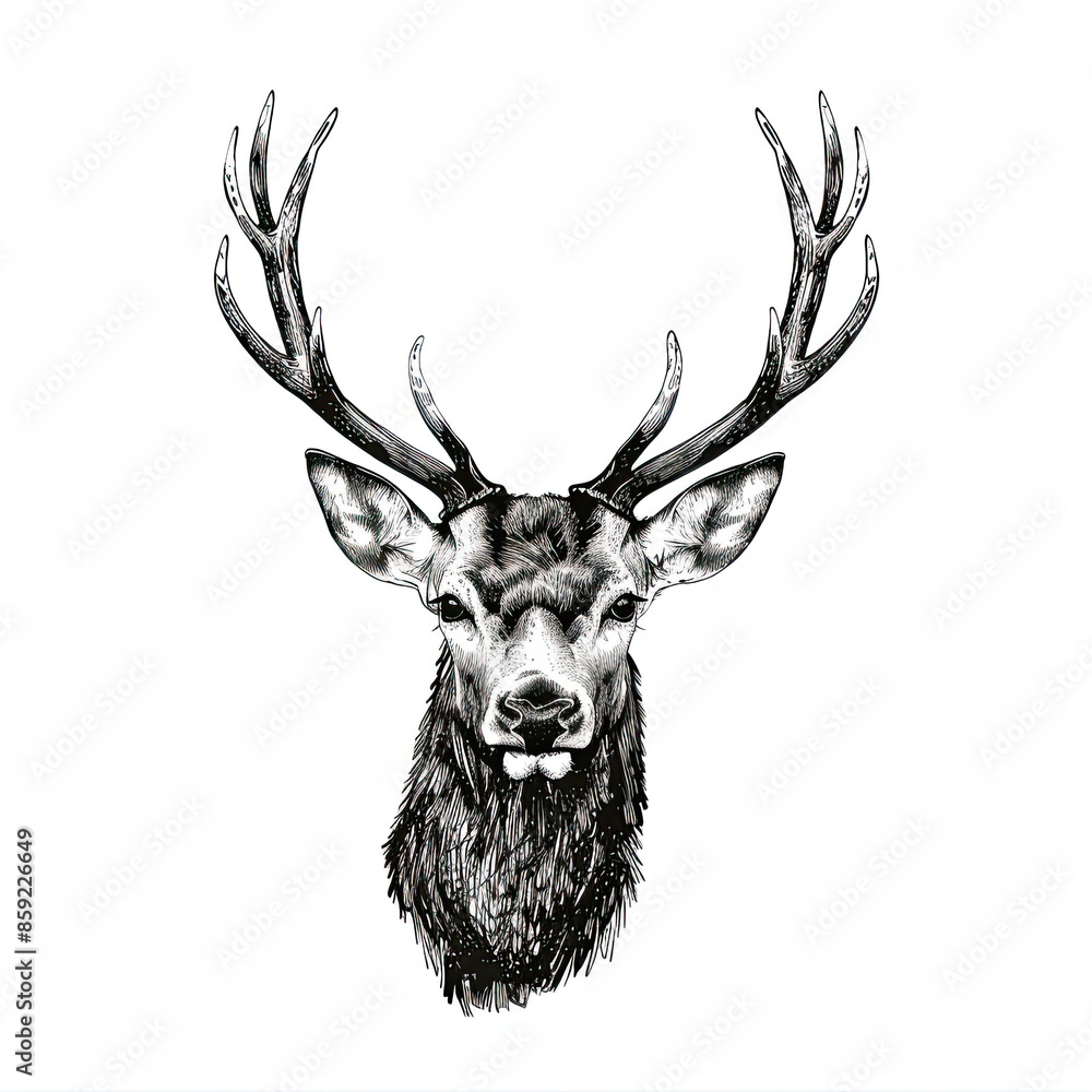 A black and white drawing of a deer 's head with antlers A black and white drawing of a deer 's head with antlers