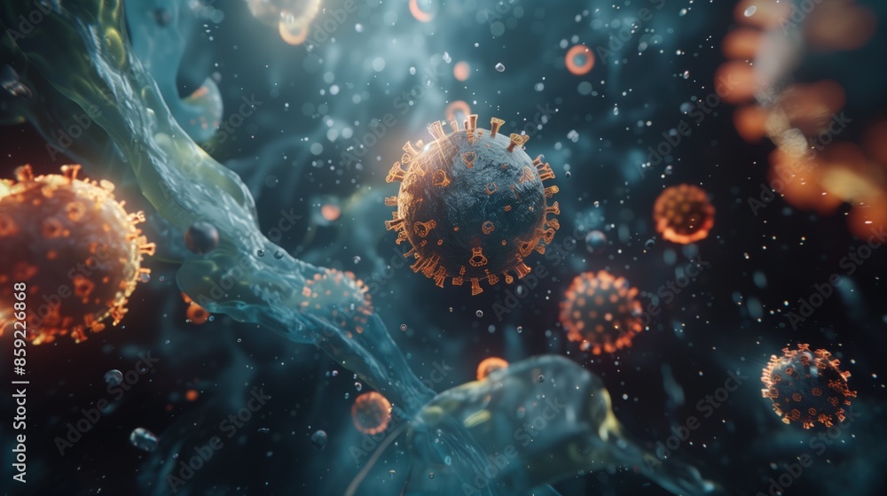 Virus cells in human body background. Microbiology and human genome concept Virus cells in human body background. Microbiology and human genome concept
