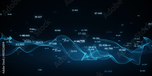 Digital wireframe waves with numerical data, blue technical background, visualization concept. 3D Rendering