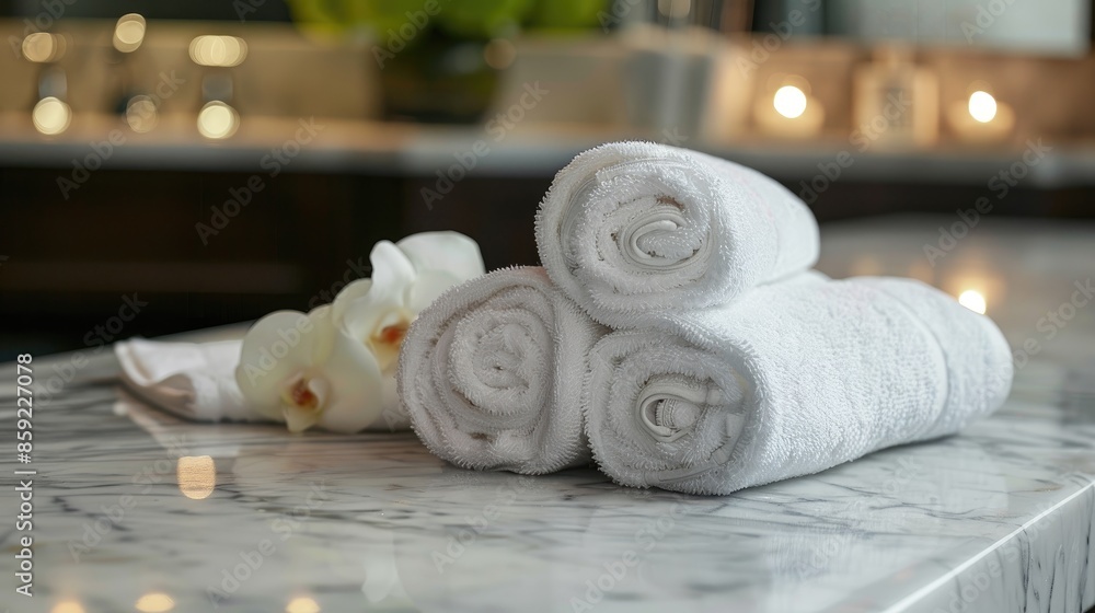 Spa table elegantly adorned with white rolled towel Spa table elegantly adorned with white rolled towel