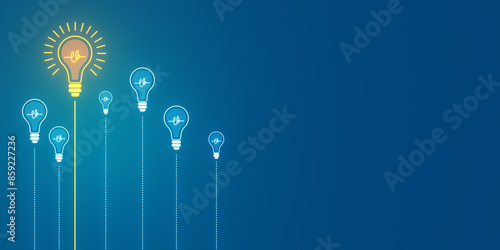 Multiple lightbulbs forming a growth chart on blue background, symbolizing a concept of creative ideas or business growth. 3D Rendering photo