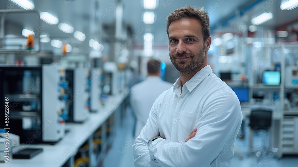 An handsome electrician in a clean, modern production room within the pharmaceutical industry. stand before a row of advanced, computer-controlled production machines. Generative AI. An handsome electrician in a clean, modern production room within the pharmaceutical industry. stand before a row of advanced, computer-controlled production machines. Generative AI.