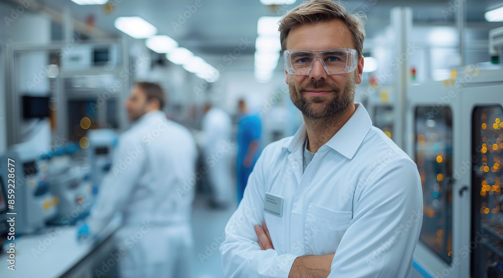 An handsome electrician in a clean, modern production room within the pharmaceutical industry. stand before a row of advanced, computer-controlled production machines. Generative AI. An handsome electrician in a clean, modern production room within the pharmaceutical industry. stand before a row of advanced, computer-controlled production machines. Generative AI.