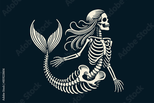 Mermaid skeleton.  Vintage retro engraving illustration. Black icon, isolated elemen. print, tattoo