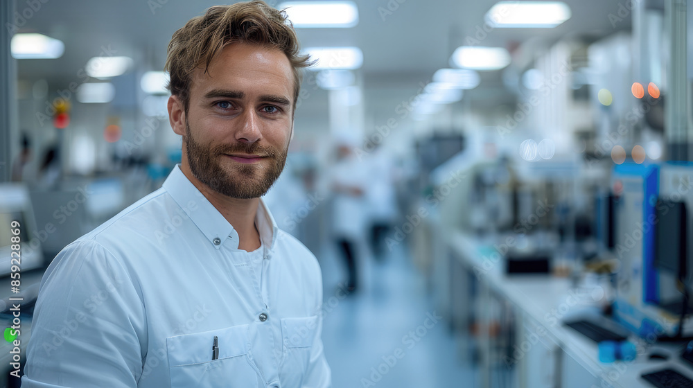 An handsome electrician in a clean, modern production room within the pharmaceutical industry. stand before a row of advanced, computer-controlled production machines. Generative AI. An handsome electrician in a clean, modern production room within the pharmaceutical industry. stand before a row of advanced, computer-controlled production machines. Generative AI.