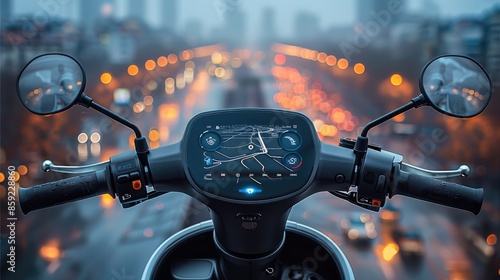 A modern electric scooter handlebar dashboard. The dashboard should be in the center with a digital touchscreen display showing a navigation map. Generative AI.