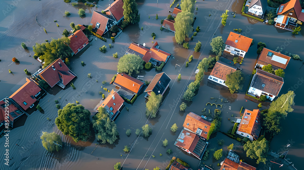 Obraz premium Flooding of a town from climate change Aerial view showing submerged houses. Concept Town Flooding, Climate Change Impact, Aerial View, Submerged Houses