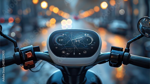 A modern electric scooter handlebar dashboard. The dashboard should be in the center with a digital touchscreen display showing a navigation map. Generative AI.