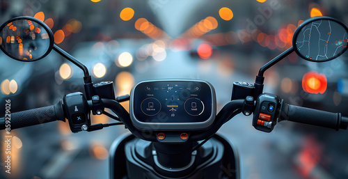 A modern electric scooter handlebar dashboard. The dashboard should be in the center with a digital touchscreen display showing a navigation map. Generative AI.