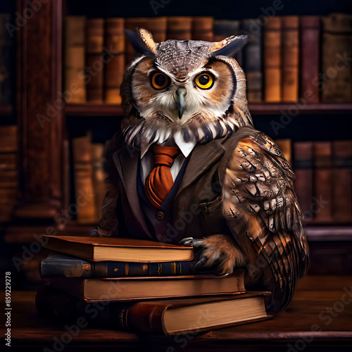 Wise Owl An elderly owl librarian with round glasses, a tweed vest, and a stack of books photo