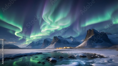 striking scenery accompanied by the stunning Aurora Borealis light display