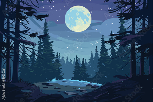 Pine tree forest with moonlight, flat style cartoon vector illustration. Night sky Pine trees, moon and stars. Chilly winter night. 