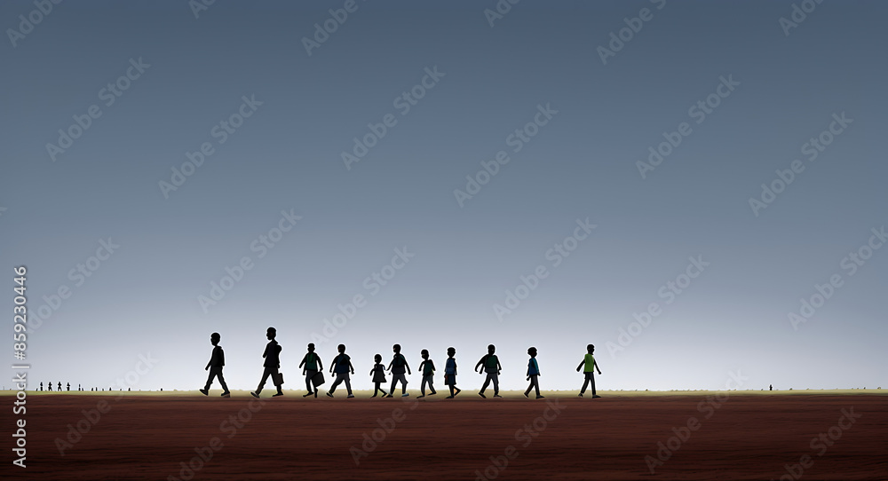 Black Silhouette of refugees people walking on the field with sky and copy space, concept of refugee migrants and illegal dunki
Black Silhouette of refugees people walking on the field with sky and copy space, concept of refugee migrants and illegal dunki
