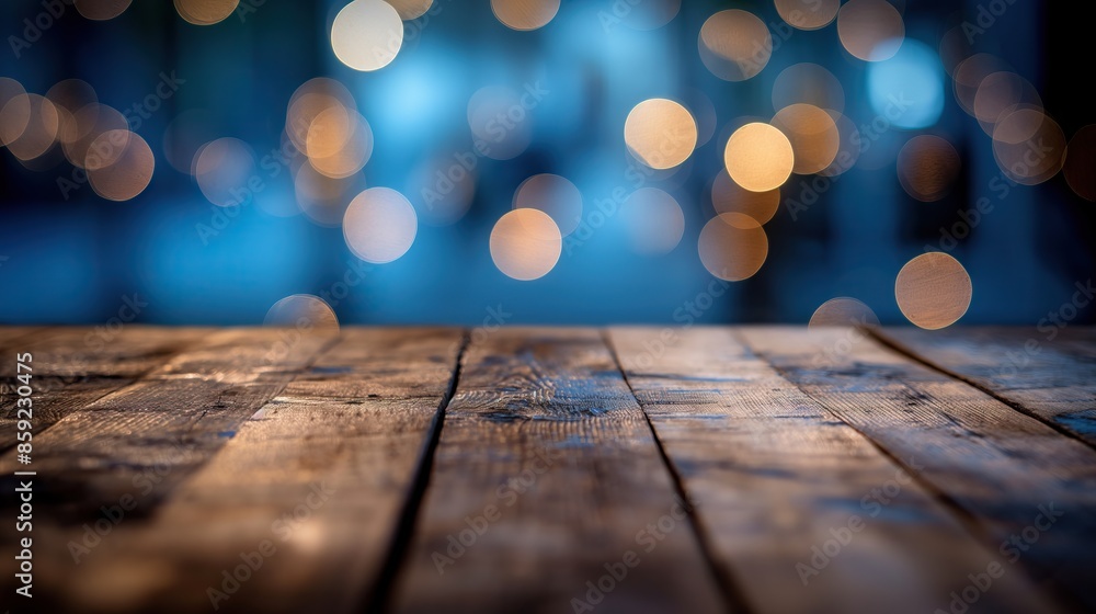 a close up of a rustic empty wooden table with blurred blue bokeh light background a close up of a rustic empty wooden table with blurred blue bokeh light background