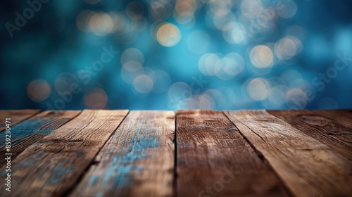 a close up of a rustic empty wooden table with blurred blue bokeh light background