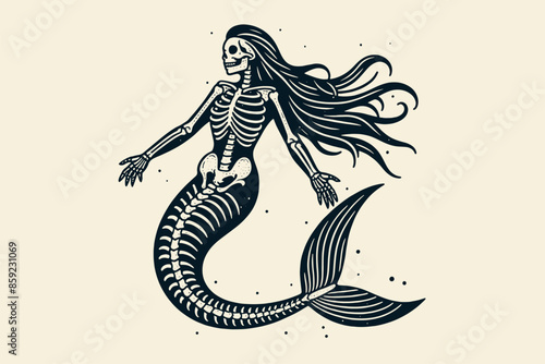 Mermaid skeleton.  Vintage retro engraving illustration. Black icon, isolated elemen. print, tattoo