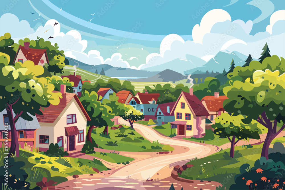 simple village house background illustration Flat style cartoon vector illustration. Suburban area flat color vector illustration. Countryside near city. Cute Houses background cartoon vector. simple village house background illustration Flat style cartoon vector illustration. Suburban area flat color vector illustration. Countryside near city. Cute Houses background cartoon vector.