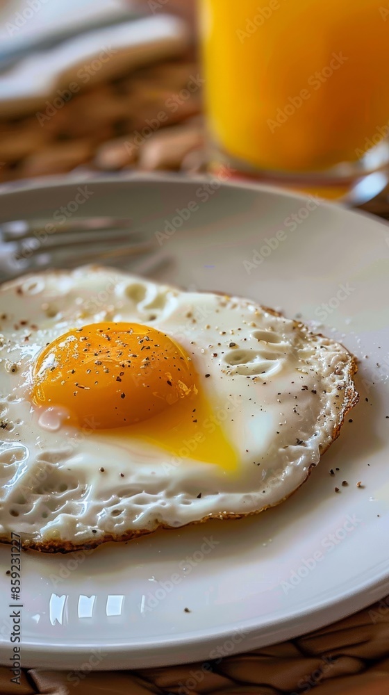 Close-up of sunny side up egg on white plate with blurred orange juice in background, breakfast concept Close-up of sunny side up egg on white plate with blurred orange juice in background, breakfast concept