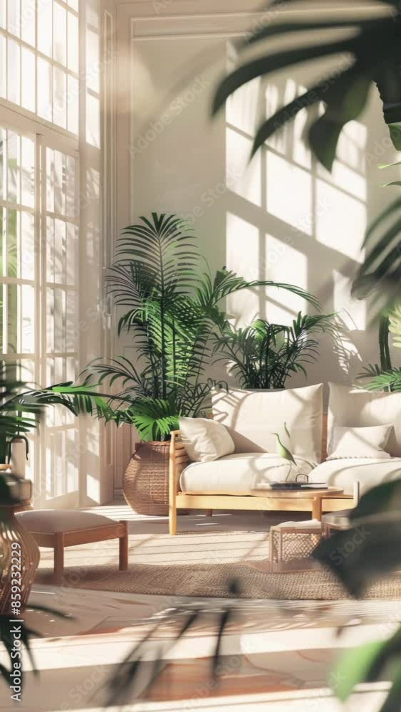 interior of living room with houseplants and sofas, anime style interior of living room with houseplants and sofas, anime style