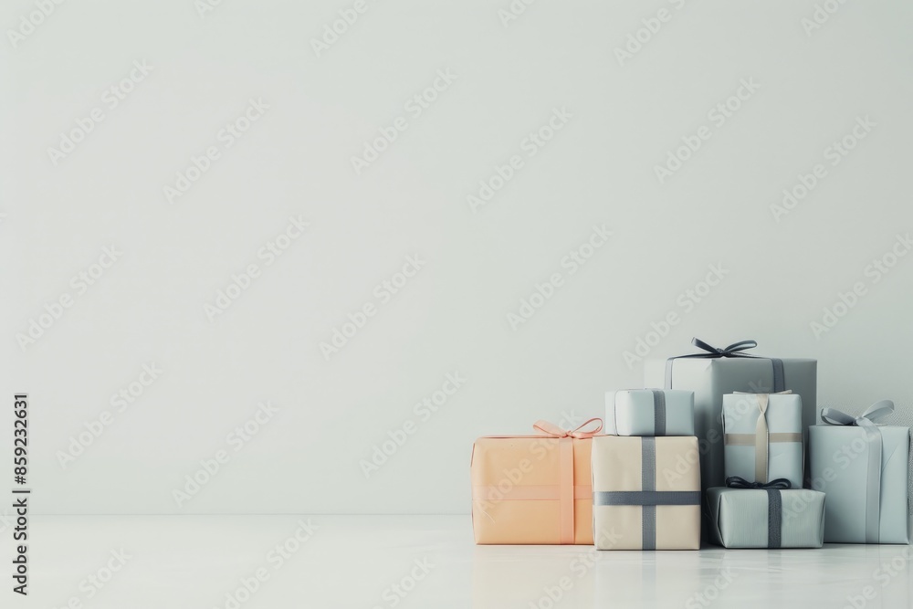 Obraz premium Festive Delights: Colorful Wrapped Presents on Minimalist White Background