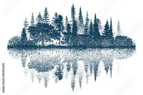 Forest reflected in the lake, vector sketch, imitation of a pencil drawing