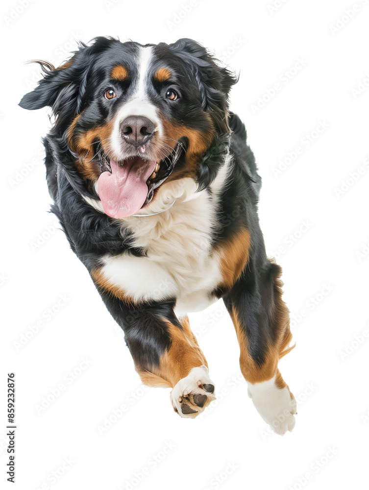 Full body shot of Bernese Mountain dog, running happily, smiling. Full body shot of Bernese Mountain dog, running happily, smiling.
