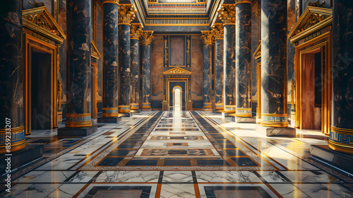 interior of a royal palace castle of Egyptian empire in ancient times background. Interior of castle, Beautiful Royal palace black and gold marble, Luxury photo