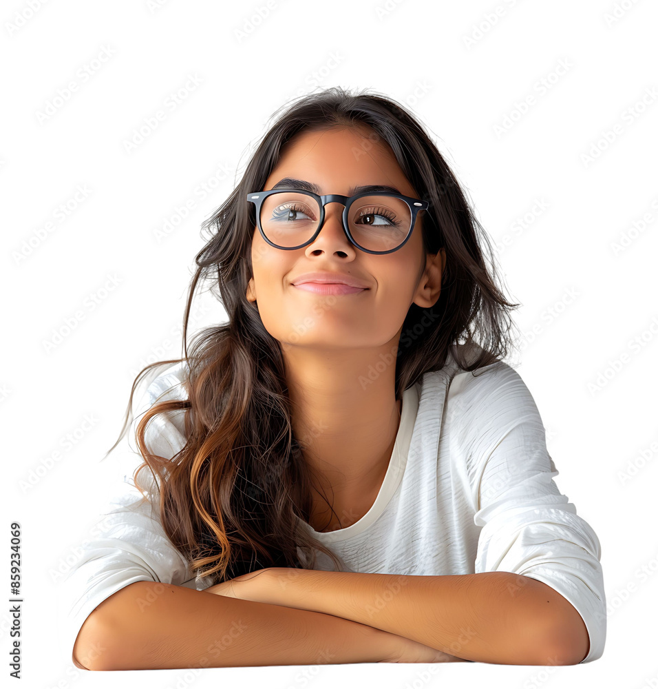 Obraz premium Happy young woman sitting at his desk on isolated transparent background