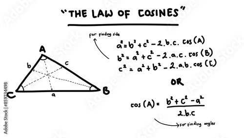 Handwriting mathematics formula about the law of cosines. Trigonometry equation. photo