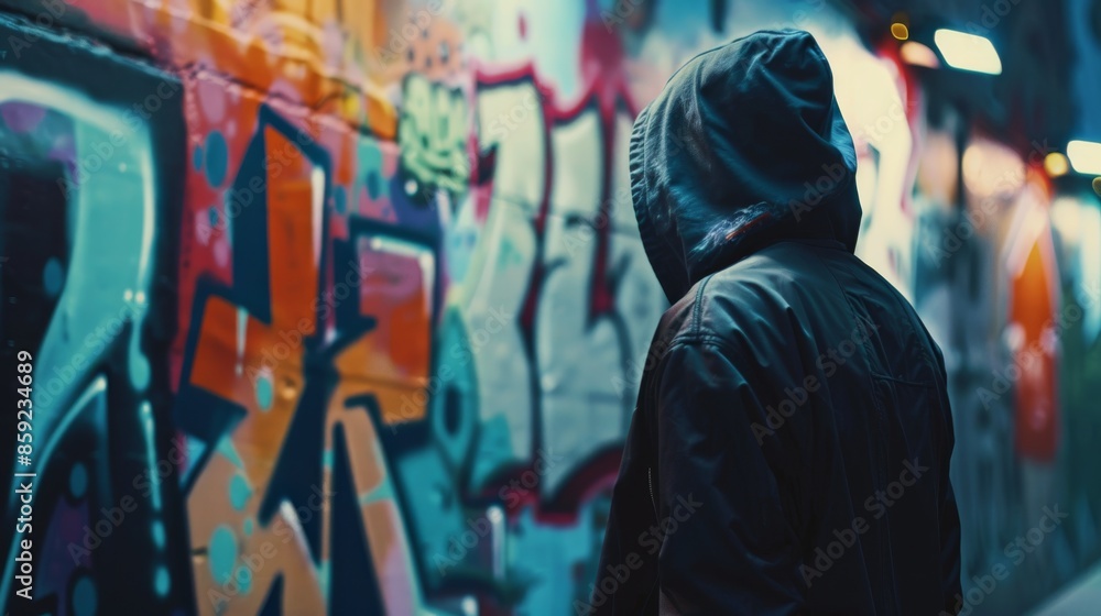 Obraz premium Person Wearing A Hooded Jacket Stands In Front Of A Graffiti Wall At Night