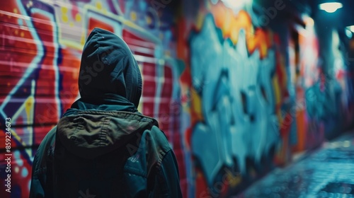 Person Walking Away From Graffiti Wall in Urban Alley