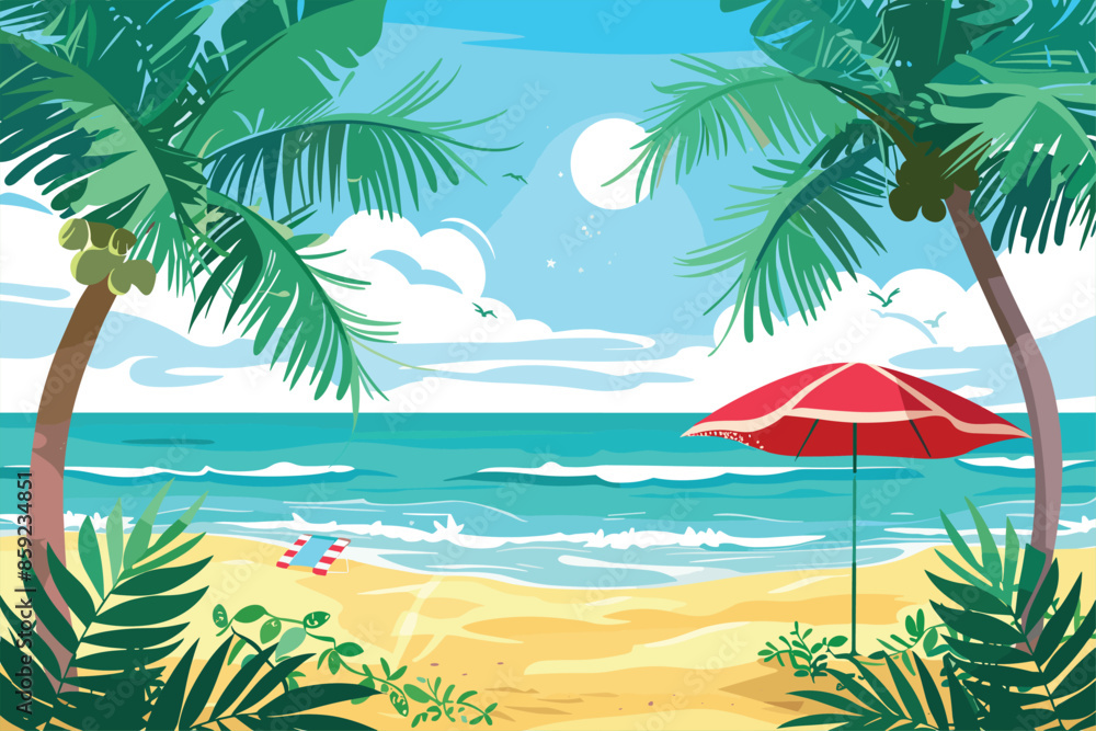 Fototapeta premium Summer Beach Scenery Background with Palm Trees vector illustration. Tropical beach. Vector. Beautiful White Sand Beach. 