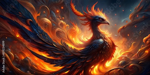 dark fire, phoenix art concept artistic, thick impasta technique, mosaic painting, very abstract oil painting, The painting should be highly abstract, with a 3d rough texture created by applying oil  photo