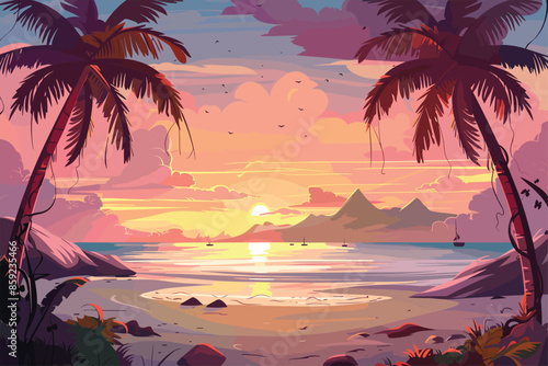 Tropical beach at sunset with palms, Flat style cartoon vector illustration. Beach sunset with palm trees for t shirt, illustration, flat design, bright colors, vector style. palm tree silhouettes. 