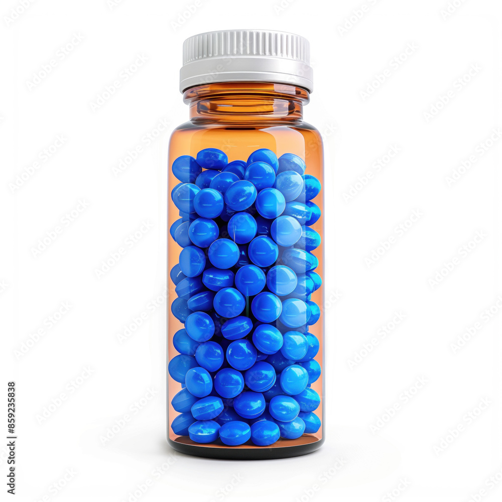 White background with blue pills in a bottle White background with blue pills in a bottle