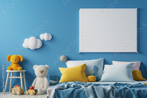 there is a bed with a blue comforter and a teddy bear photo
